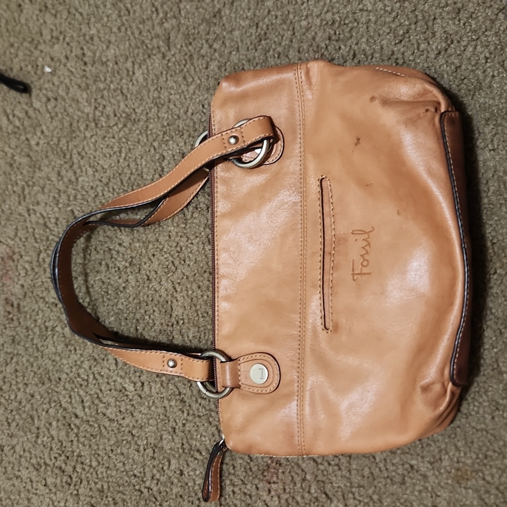 Fossil Shoulder Bag Leather 2 Handle Top Zip Caramel Brown